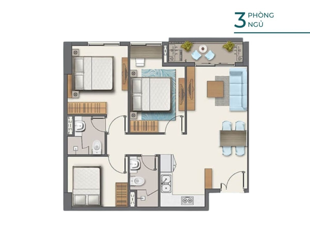 mặt bằng 3 phòng ngủ Q7 Boulevard - 73 - 76m2