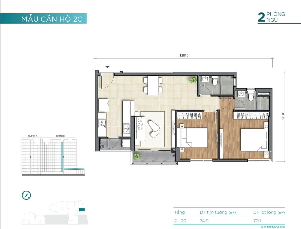 Mặt bằng căn hộ 2PN Dual Key 75m2 D'Lusso với 2 cửa ra vào độc lập